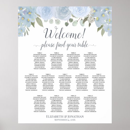13 Tabel Stusty Blue Floral Wedding Seating Chart Poster (Voorkant)