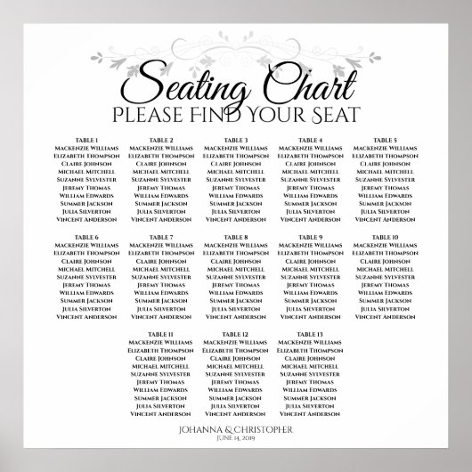 13 Tabel Zilveren Filigree Wedding Seating Chart Poster (Voorkant)