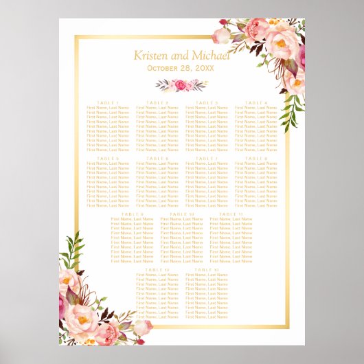 13 Tables Wedding Seating Chart Classy Chic Floral Poster (Voorkant)