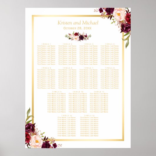 13 Tables Wedding Seating Gold Burgundy Floral Poster (Voorkant)