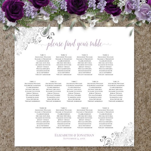 13 Tafel Lacy Wedding Seating Chart White Lavender Poster