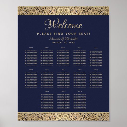 13 Tafel Navy Blauwe Trouw Stoelen Chart Goud Roos Poster (Voorkant)