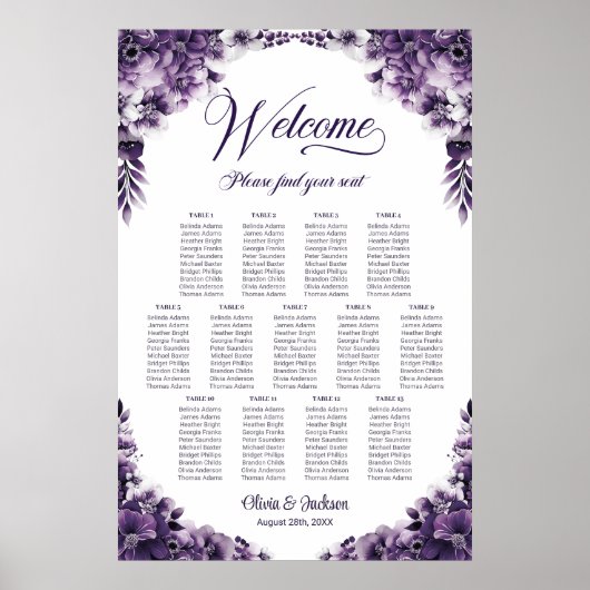 13 Tafel Paarse Bloemige Trouw Zittijd Chart Poster (Voorkant)