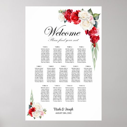 13 Tafel Rood Wit Rose Bloemen Zitting Grafiek Poster (Voorkant)