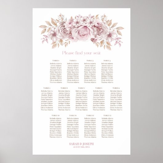 13 Tafel Roze Bloemige Trouw Stoelenkaart Poster (Voorkant)