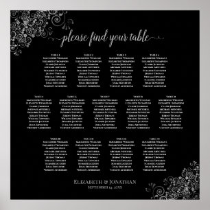 13 Tafel Silver Frills Black Wedding Seating Chart Poster