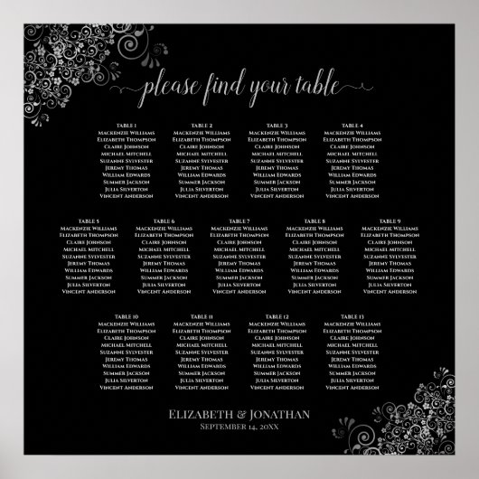 13 Tafel Silver Frills Black Wedding Seating Chart Poster (Voorkant)