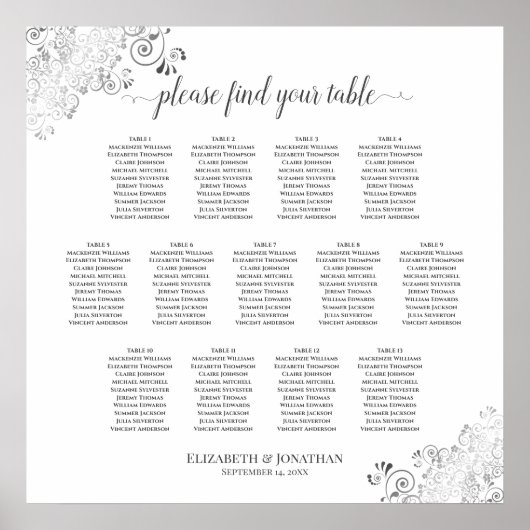 13 Tafel Silver Frills Wedding Seating Chart White Poster (Voorkant)