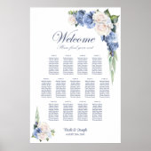 13 Tafelblauw Wit Rose Bloemen Zitting Grafiek Poster (Voorkant)