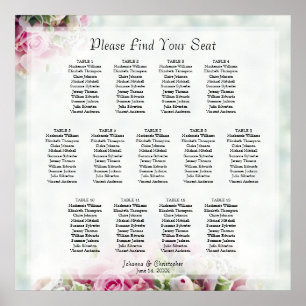 13 Tafelroze rozen Elegant Wedding Seating Chart Poster