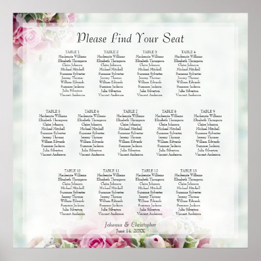 13 Tafelroze rozen Elegant Wedding Seating Chart Poster (Voorkant)