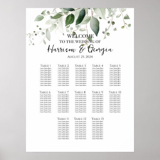 13 Tafels Groen Elegant Bruiloft Zittafel Grafiek Poster (Voorkant)