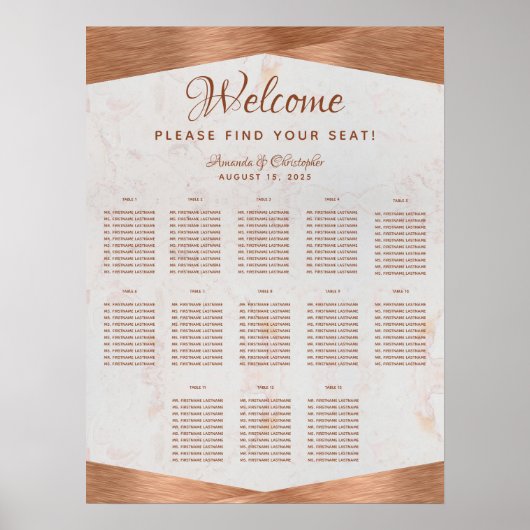 13 Tafelzittingsschema Wedding Copper Marble Metal Poster (Voorkant)