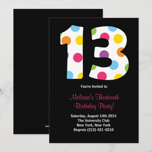 13 uitnodiging van de partij van Birthday (Voorkant / Achterkant)