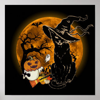 13 Vintage Halloween Griezelen Zwarte Kat Heks Kos Poster