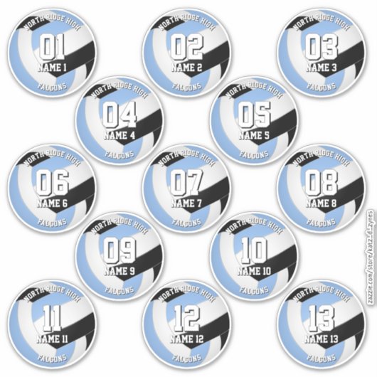 13 volleyballers lichtblauw zwart team kleuren sticker (Voorkant)