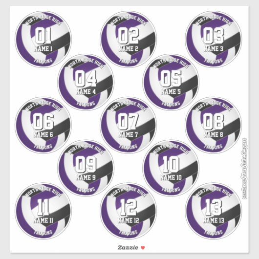 13 volleyballers paarse zwarte teamkleuren sticker (Vel)