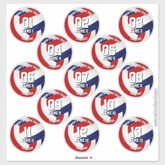 13 volleyballers Rood Blauw Team Kleuren Sticker (Vel)