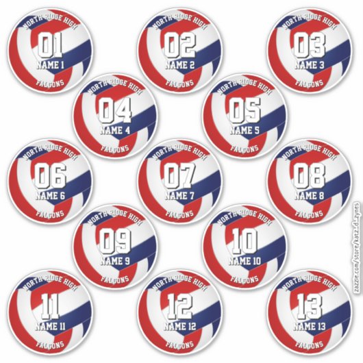 13 volleyballers Rood Blauw Team Kleuren Sticker (Voorkant)