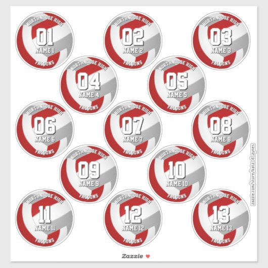 13 volleyballers Rood Grijs Team kleuren Sticker (Vel)