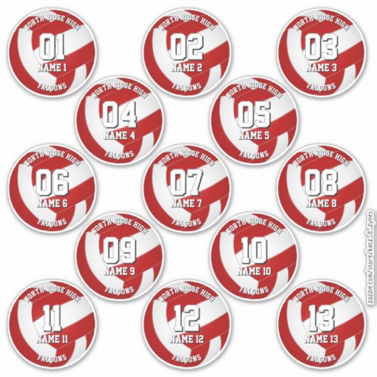13 volleyballers rood wit team kleuren sticker (Voorkant)