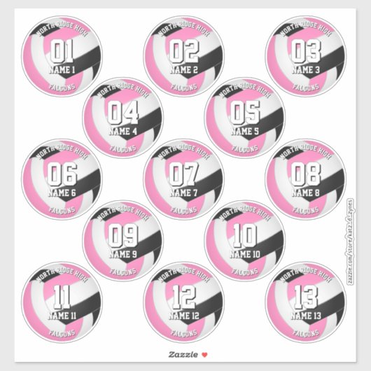 13 volleyballers roze zwarte team kleuren sticker (Vel)