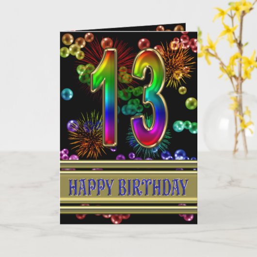 13de Verjaardag met regenboogbellen en vuurwerk Kaart (Gele Bloem)