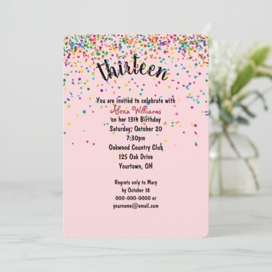 13de verjaardagsfeestje confetti uitnodiging (Staand voorkant)