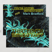 13E BIEDDAGPARTIJINVITATIE - BLAUW/ZWARTE/GEEL KAART (Voorkant / Achterkant)