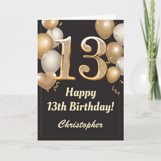 13e Birthday Black en Gold Balloons Confetti Kaart (Voorkant)