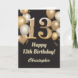 13e Birthday Black en Gold Balloons Confetti Kaart