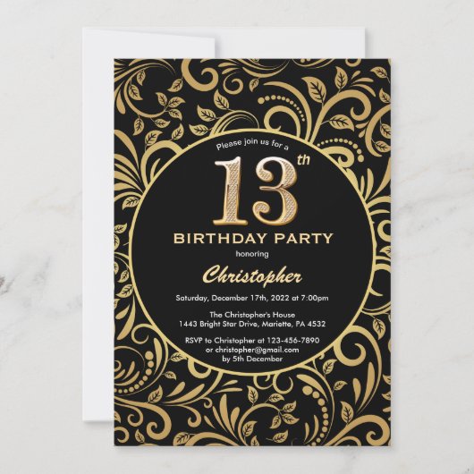 13e Birthday Black en Gold Floral Pattern Kaart (Voorkant)