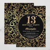 13e Birthday Black en Gold Floral Pattern Kaart (Voorkant / Achterkant)