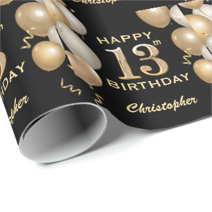 13e Birthday Black en Gold Glitter Balloons Cadeaupapier