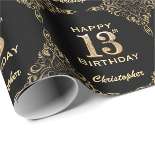 13e Birthday Black en Gold Glitter Lijst Cadeaupapier