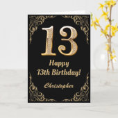 13e Birthday Black en Gold Glitter Lijst Kaart (Gele Bloem)