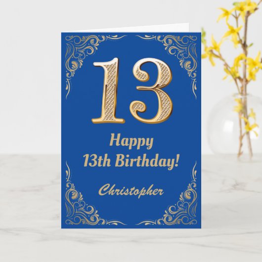 13e Birthday Blue en Gold Glitter Lijst Kaart (Gele Bloem)