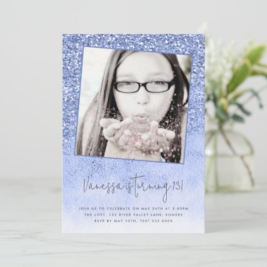 13e Birthday Blue Glitter Teen foto Kaart (Staand voorkant)