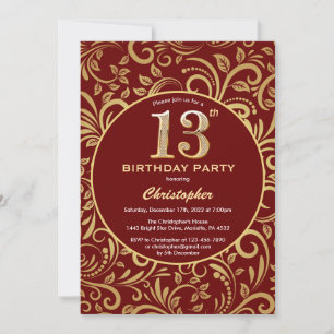 13e Birthday Burgundy Red en Gold Floral Pattern Kaart