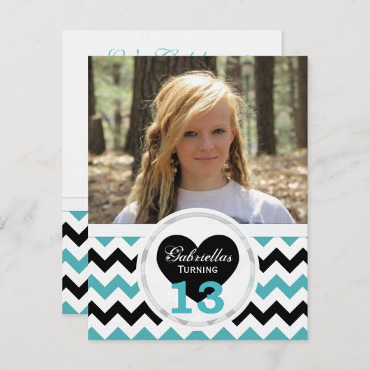 13e Birthday Chevron Print: Uitnodiging voor B&W-p (Voorkant / Achterkant)