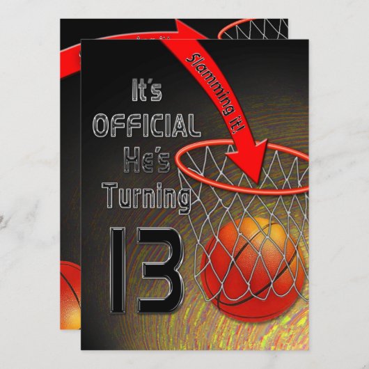 13e Birthday INVITATION- Boy - SLAM DUNK Kaart (Voorkant / Achterkant)