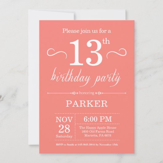 13e Birthday Invitation Coral Kaart (Voorkant)
