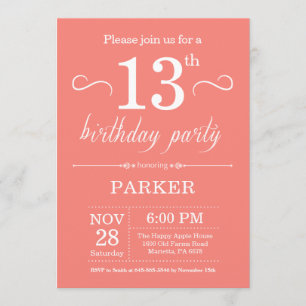 13e Birthday Invitation Coral Kaart