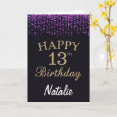 13e Birthday Paars Black en Gold Glitter Card Kaart (Gele Bloem)
