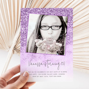 13e Birthday Paars Glitter Foto Kaart