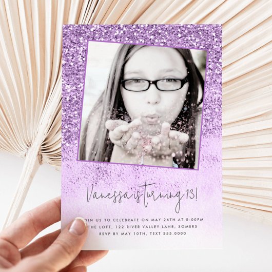 13e Birthday Paars Glitter Foto Kaart