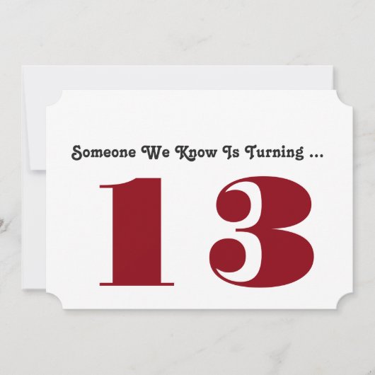 13e Birthday party Invite, donkerrood en wit. Kaart (Voorkant)