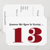 13e Birthday party Invite, donkerrood en wit. Kaart (Voorkant / Achterkant)