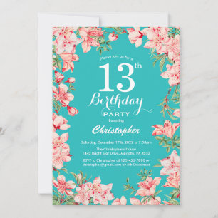 13e Birthday Pink Floral Flowers Blauwgroen achter Kaart
