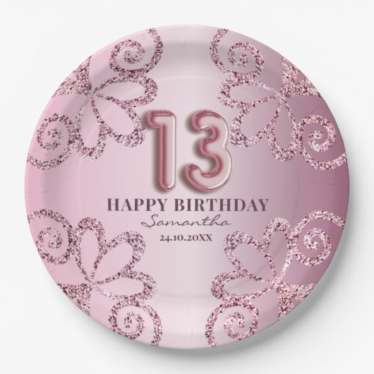 13e Birthday Pink Princess Glitter-ballonschrift Papieren Bordje (Voorkant)